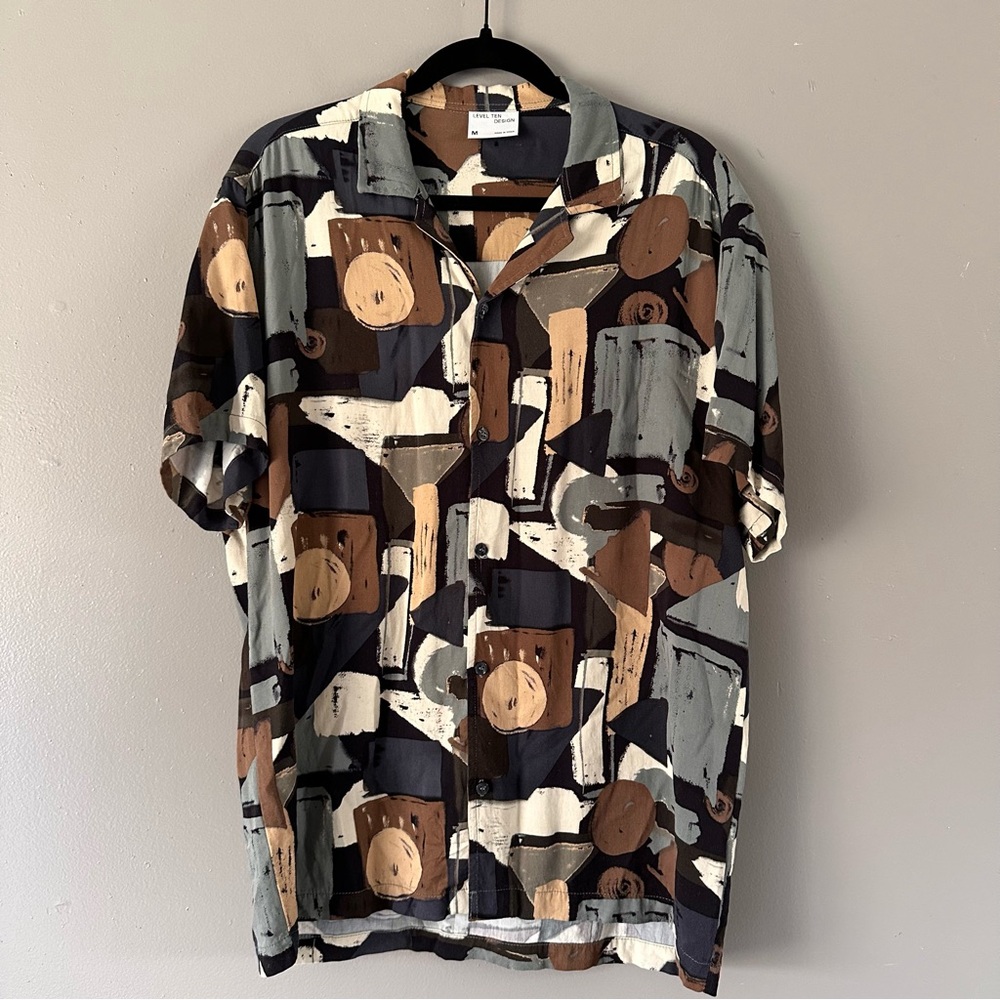 Level Ten Design Loose Fit‎ Button Down Shirt | Abstract Neutral Print